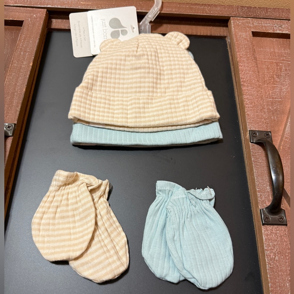 Just Born Baby Bear Ears Hats and Mittens Infant Gift Set Striped Beige Blue NWT
